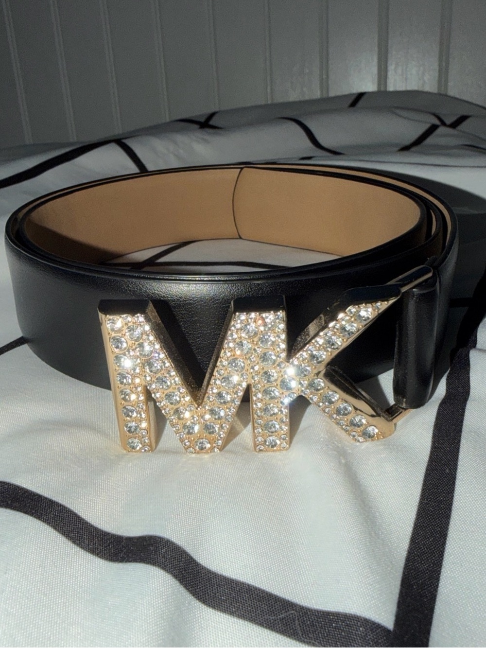 Michael Kors Women’s Black Leather Belt with Crystal MK Buckle